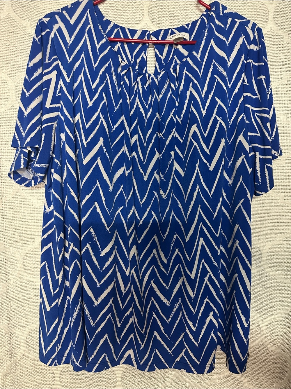 Calvin Klein Abstract Chevron Blouse Royal Blue White Pleated Shirt Plus Size 3X